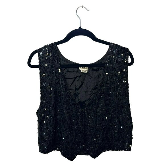 VTG TINA Black Sequin Beaded Vest Women Small 15.5"x18" Silk Cropped Evening - Picture 1 of 9